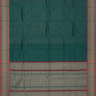 Teal Handloom Kanchi Cotton Saree With Checks & Dots