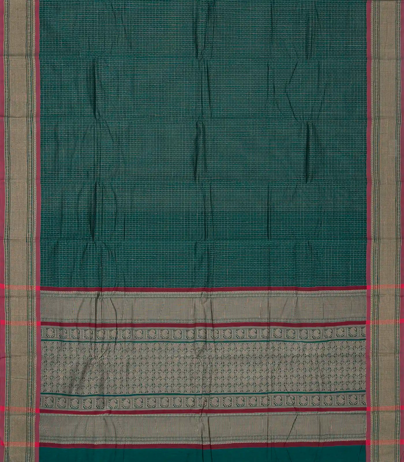 Teal Handloom Kanchi Cotton Saree With Checks & Dots