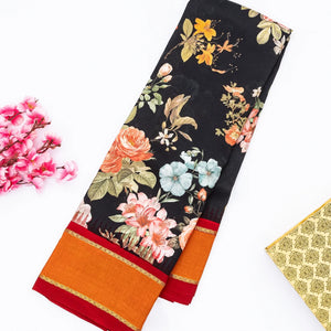 Black Handloom Kanchipuram Korvai Silk Saree Printed With Floral Motifs