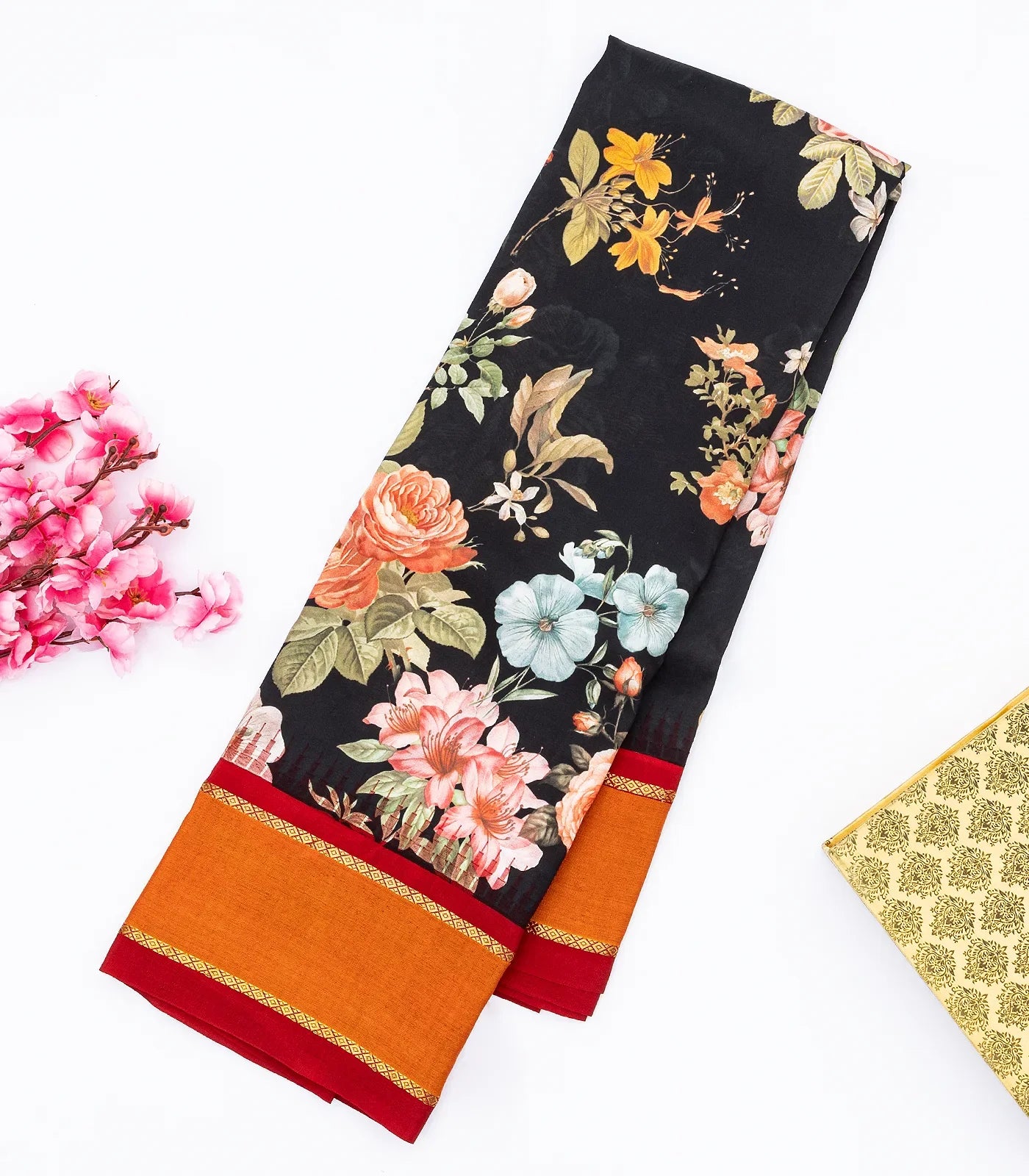 Black Handloom Kanchipuram Korvai Silk Saree Printed With Floral Motifs