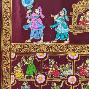 Maroon Doli Barat & Nartaki Theme Hand-Painted Pattachitra Saree