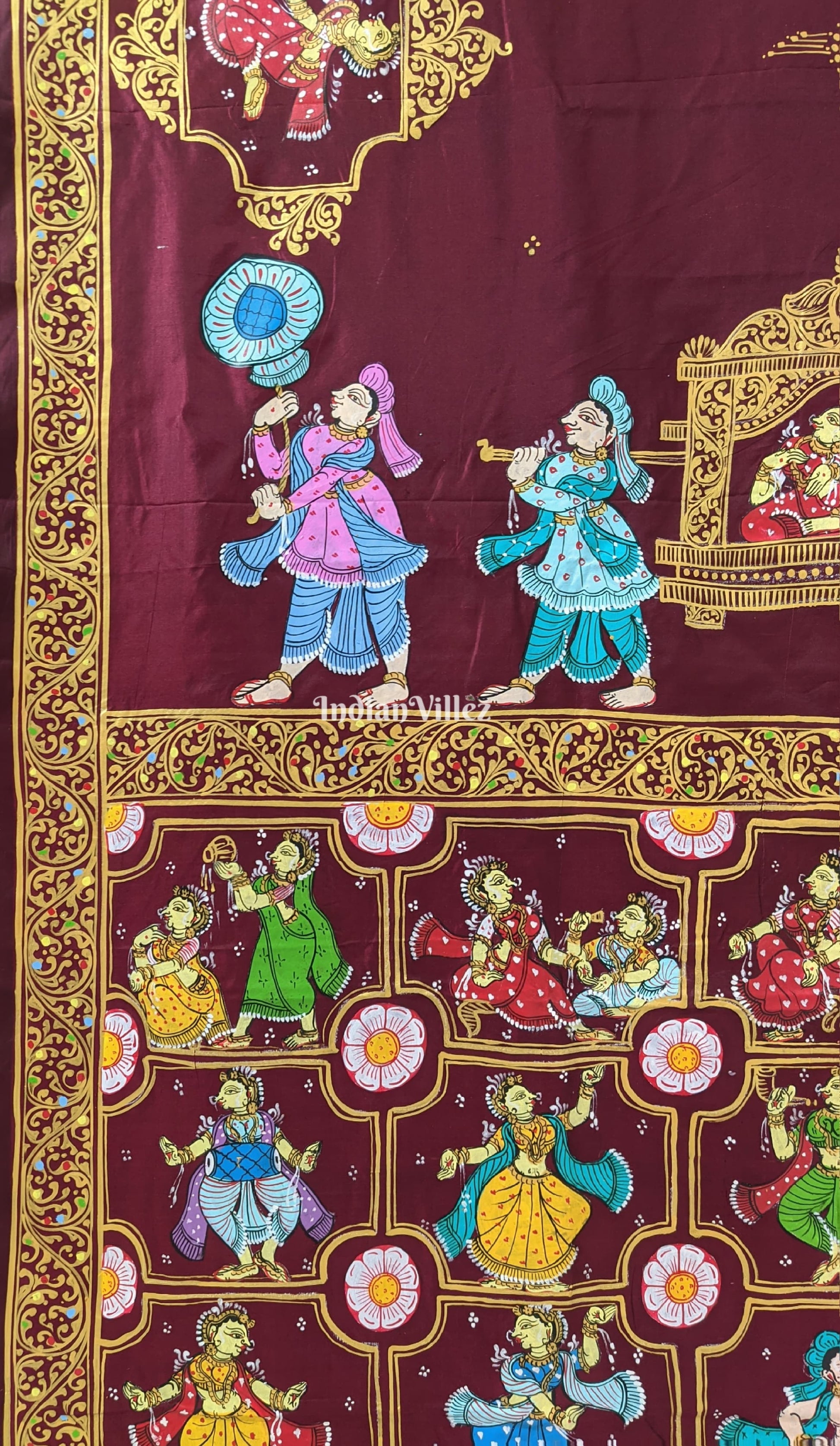 Maroon Doli Barat & Nartaki Theme Hand-Painted Pattachitra Saree