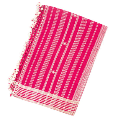 Hot Pink Handloom Bhujodi Cotton Saree With Buttas & Stripe Border