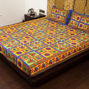 Blue Border Rangoli Print Multi Color Cotton Double Bed Sheet