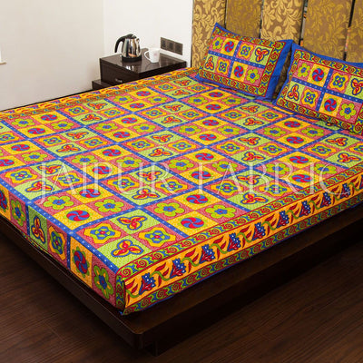 Blue Border Rangoli Print Multi Color Cotton Double Bed Sheet
