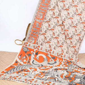 Cream bird motifs machine-printed kalamkari cotton saree, contrast unique motifs border & animal motifs pallu