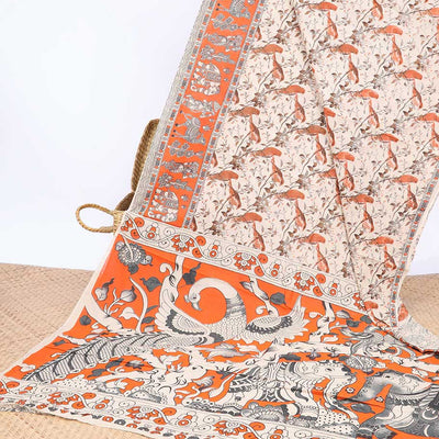 Cream bird motifs machine-printed kalamkari cotton saree, contrast unique motifs border & animal motifs pallu