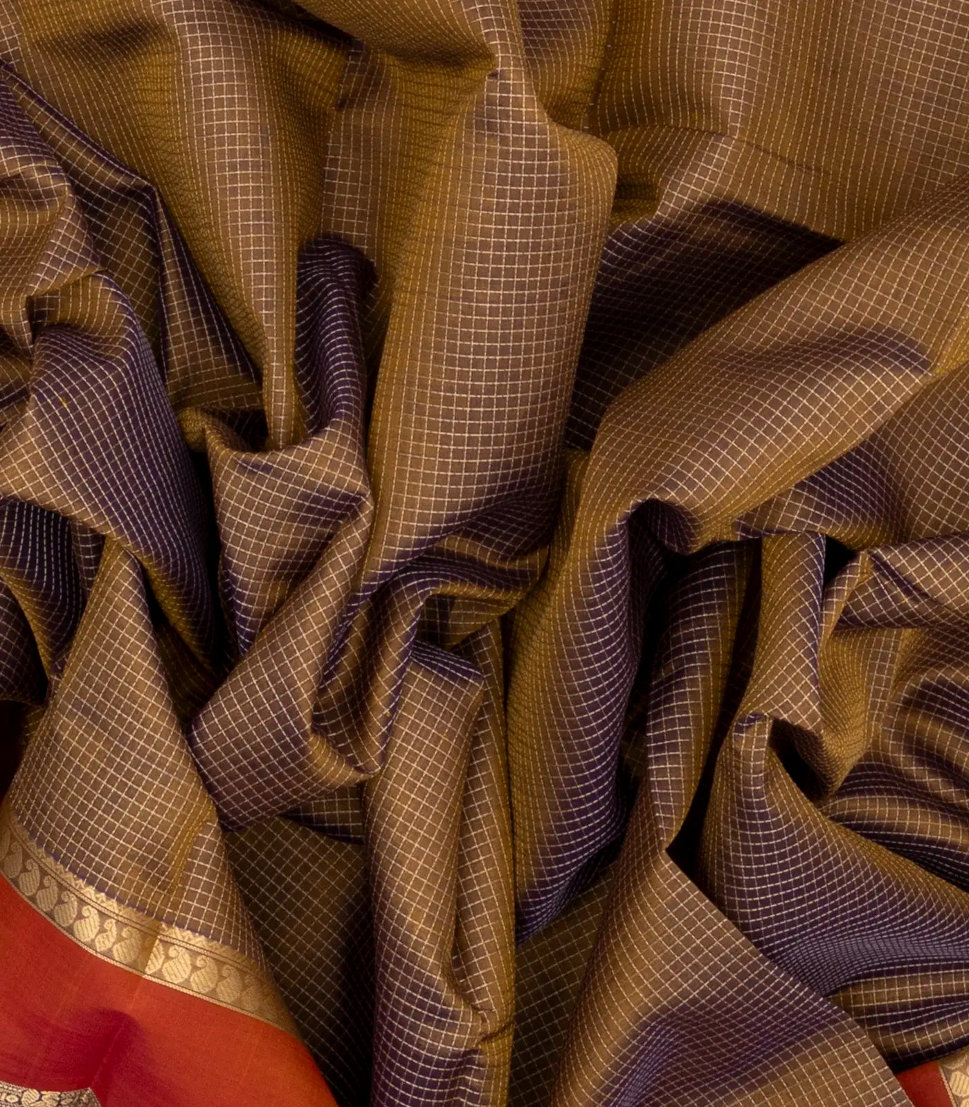 Beige Handloom Silk Cotton Saree With Checks