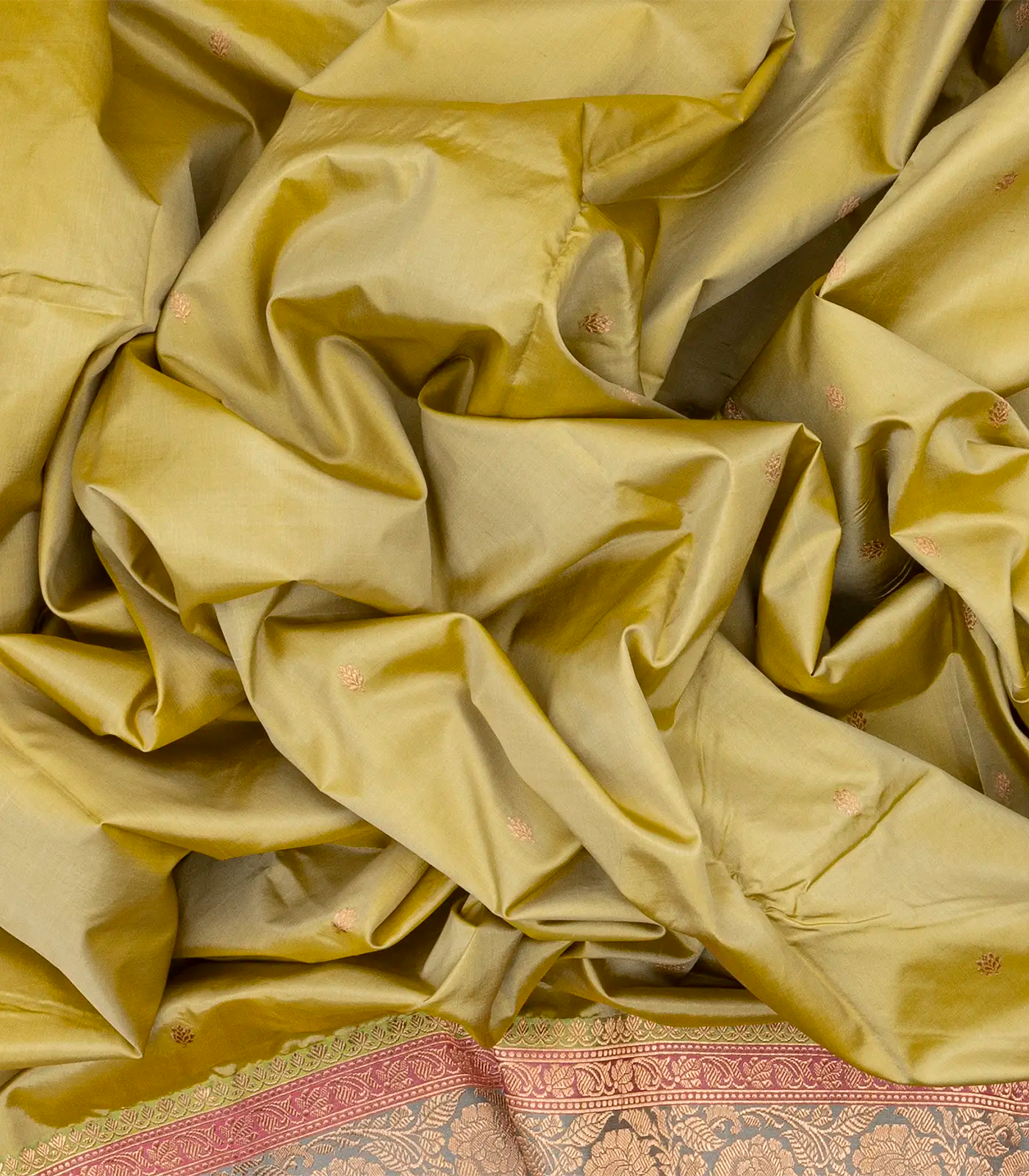 Sandal Handloom Banarasi Silk Saree With Floral Buttas