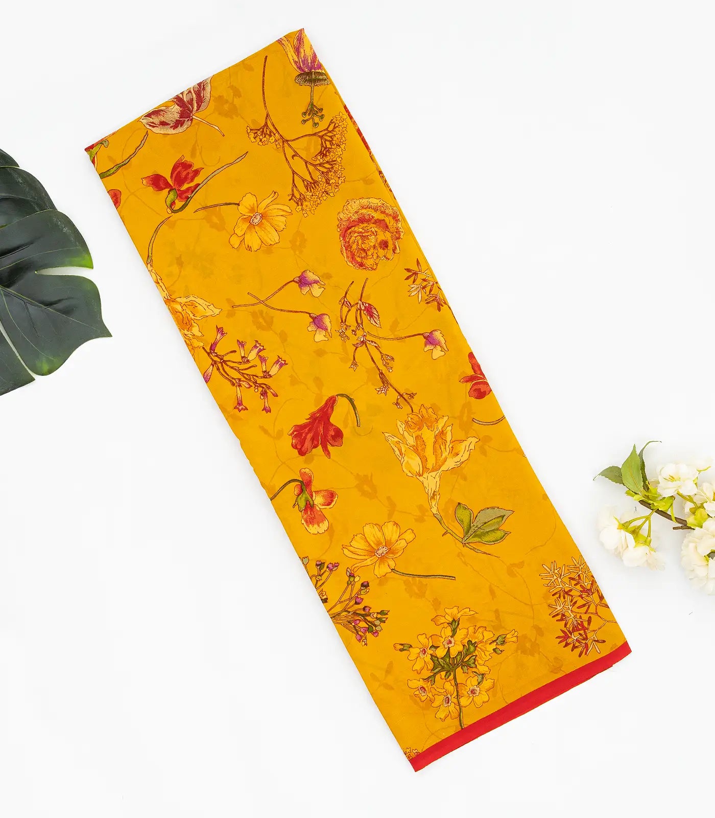 Mustard Woven Digital Printed Crepe Silk Saree With Floral Motifs