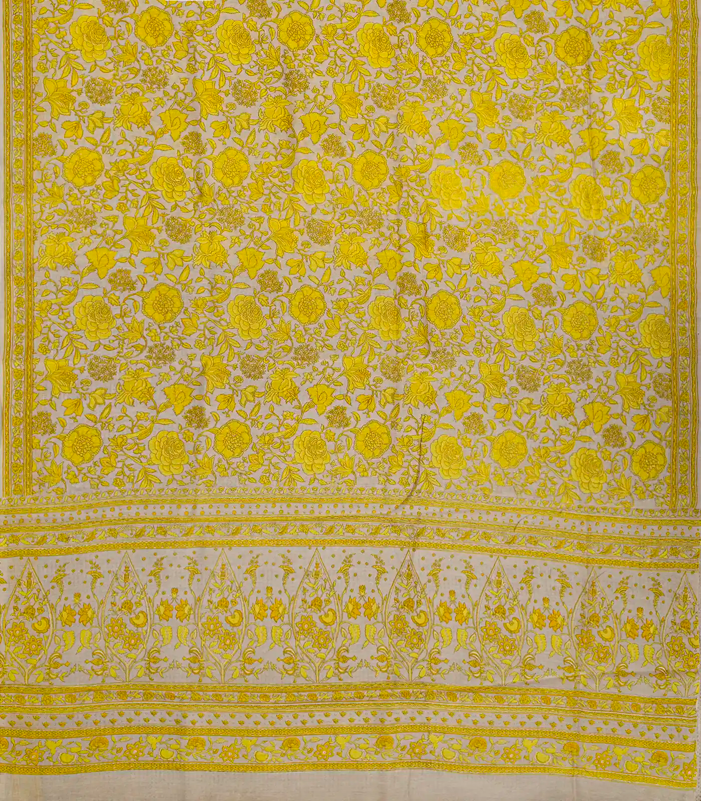 Taupe Handloom Chanderi Cotton Saree With Printed Yellow Floral Motifs