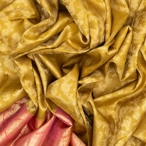 Mustard Handloom Kanchipuram Korvai Silk Saree With Floral Vine Motifs