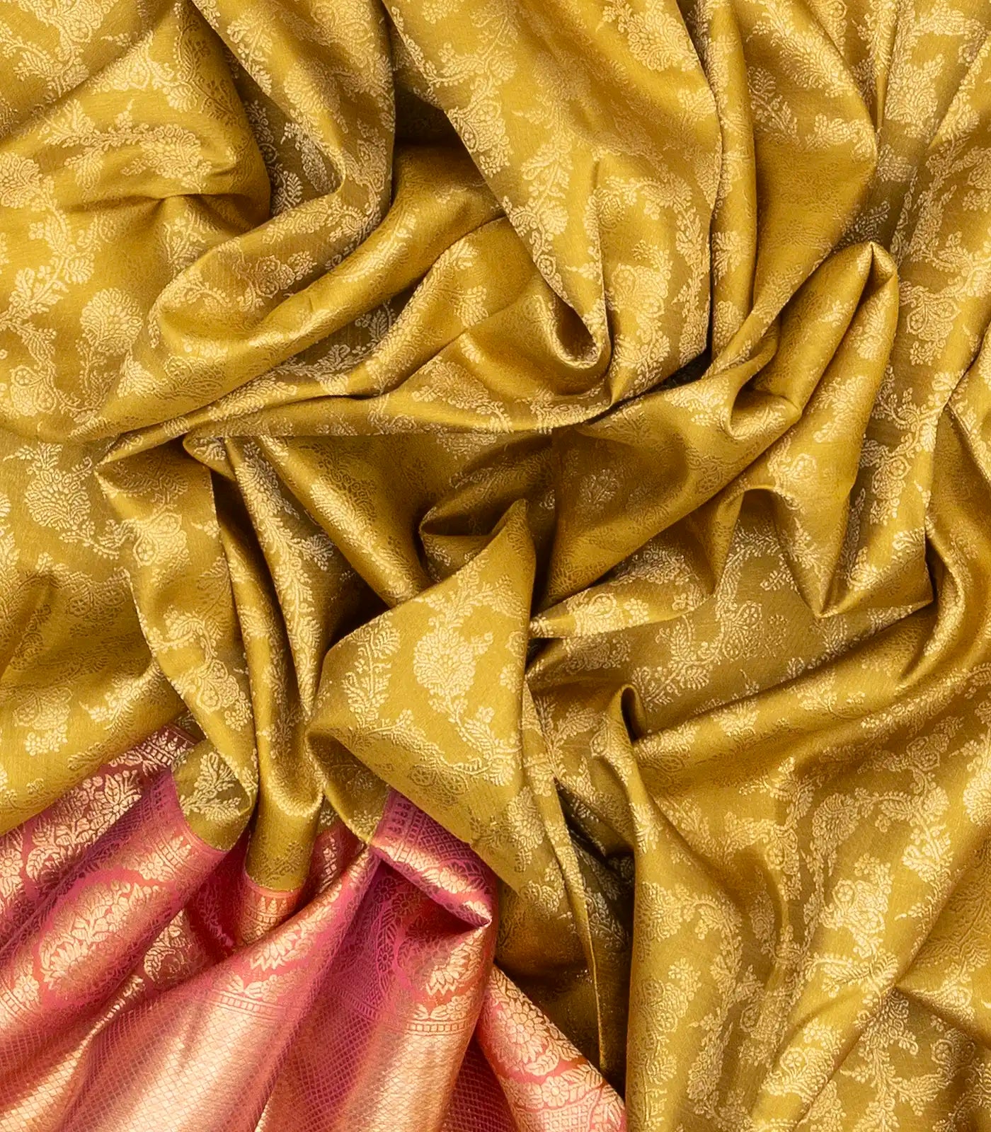 Mustard Handloom Kanchipuram Korvai Silk Saree With Floral Vine Motifs