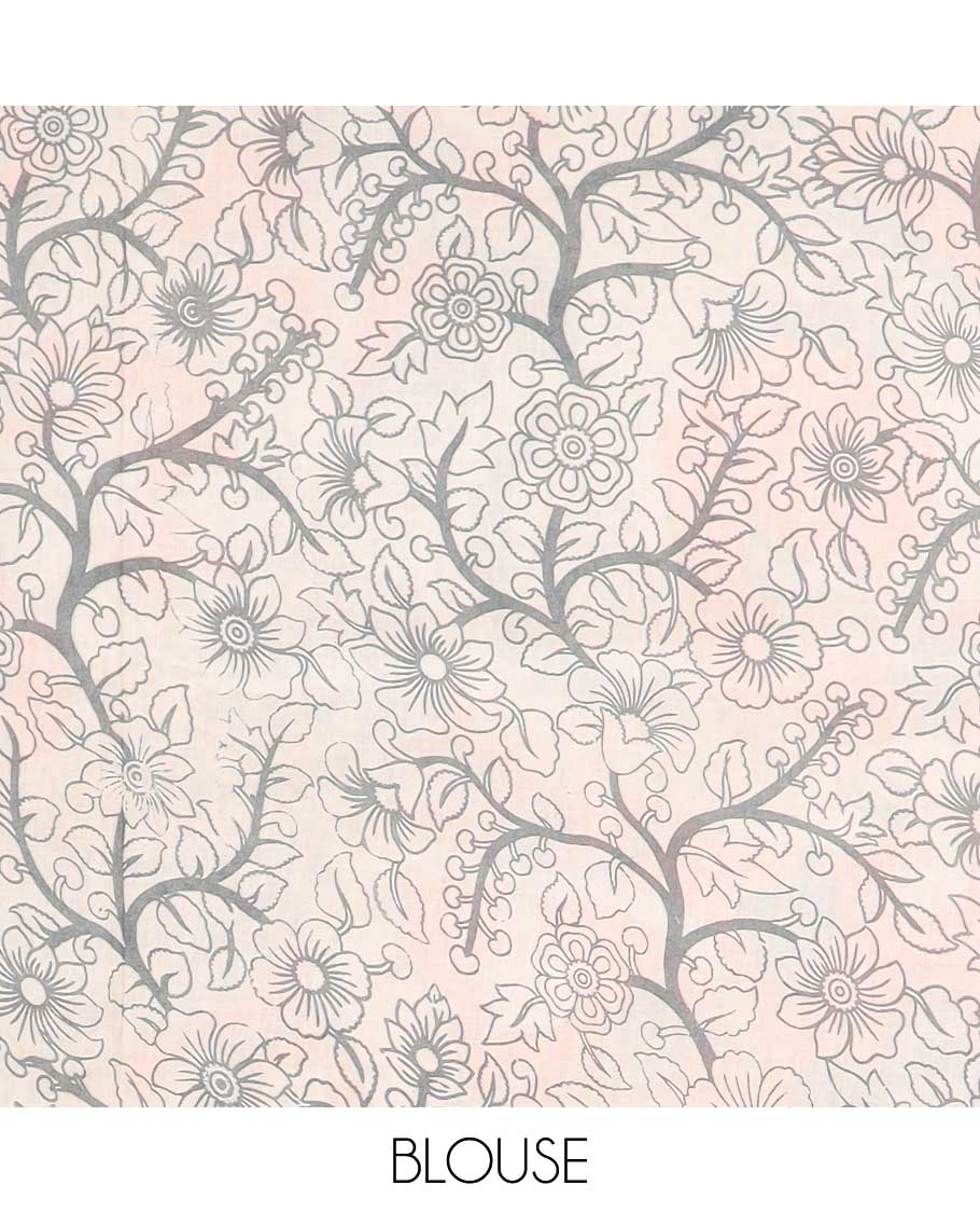 Cream bird motifs machine-printed kalamkari cotton saree, contrast unique motifs border & animal motifs pallu