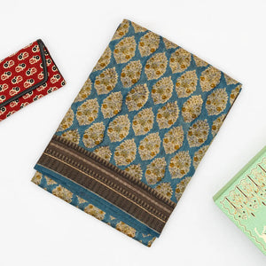 Cyan Handloom Tussar Silk Saree With Printed With Floral Motifs