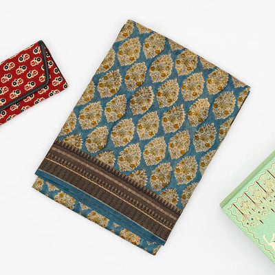 Cyan Handloom Tussar Silk Saree With Printed With Floral Motifs