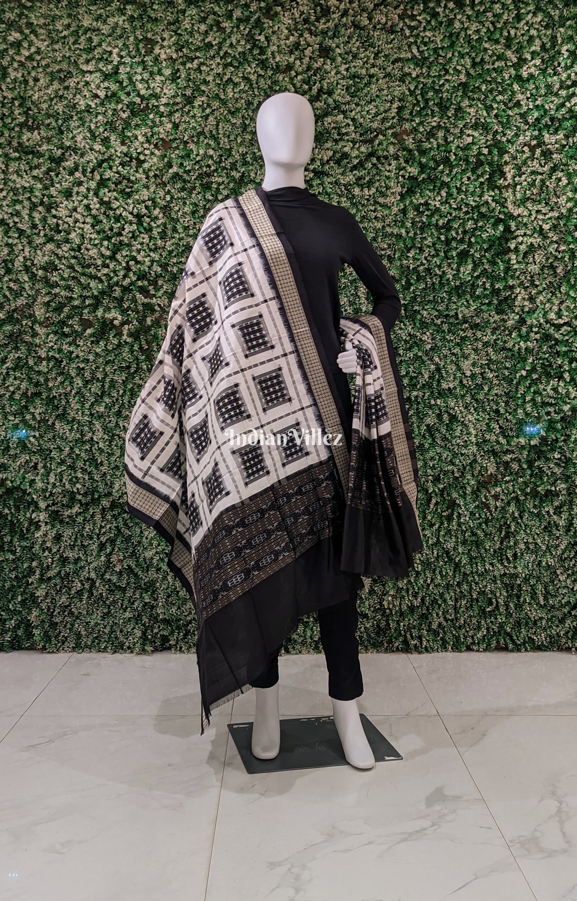 Black & White Ashwin Theme Pure Sambalpuri Silk Dupatta