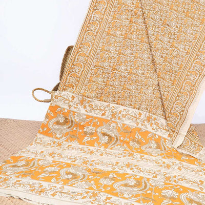 Orange intricately machine-printed kalamkari cotton saree, self-border & contrast pallu of floral print