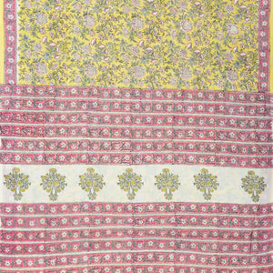 Yellow Woven Jaipur Cotton Saree Printed With Pink Flower Motifs
