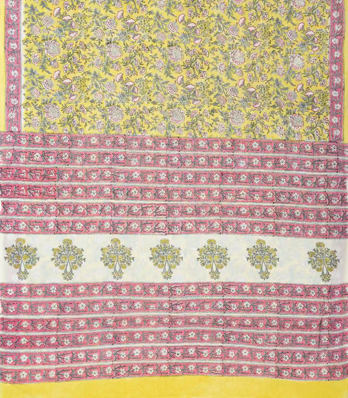 Yellow Woven Jaipur Cotton Saree Printed With Pink Flower Motifs