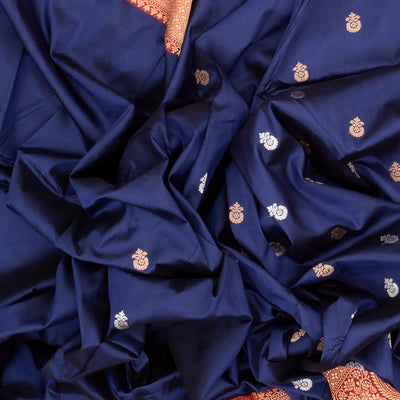 Navy Blue Handloom Banarasi Silk Saree With Flower Buttas