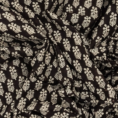 Black Woven Jaipur Cotton Saree Printed With Cream Floral Motifs