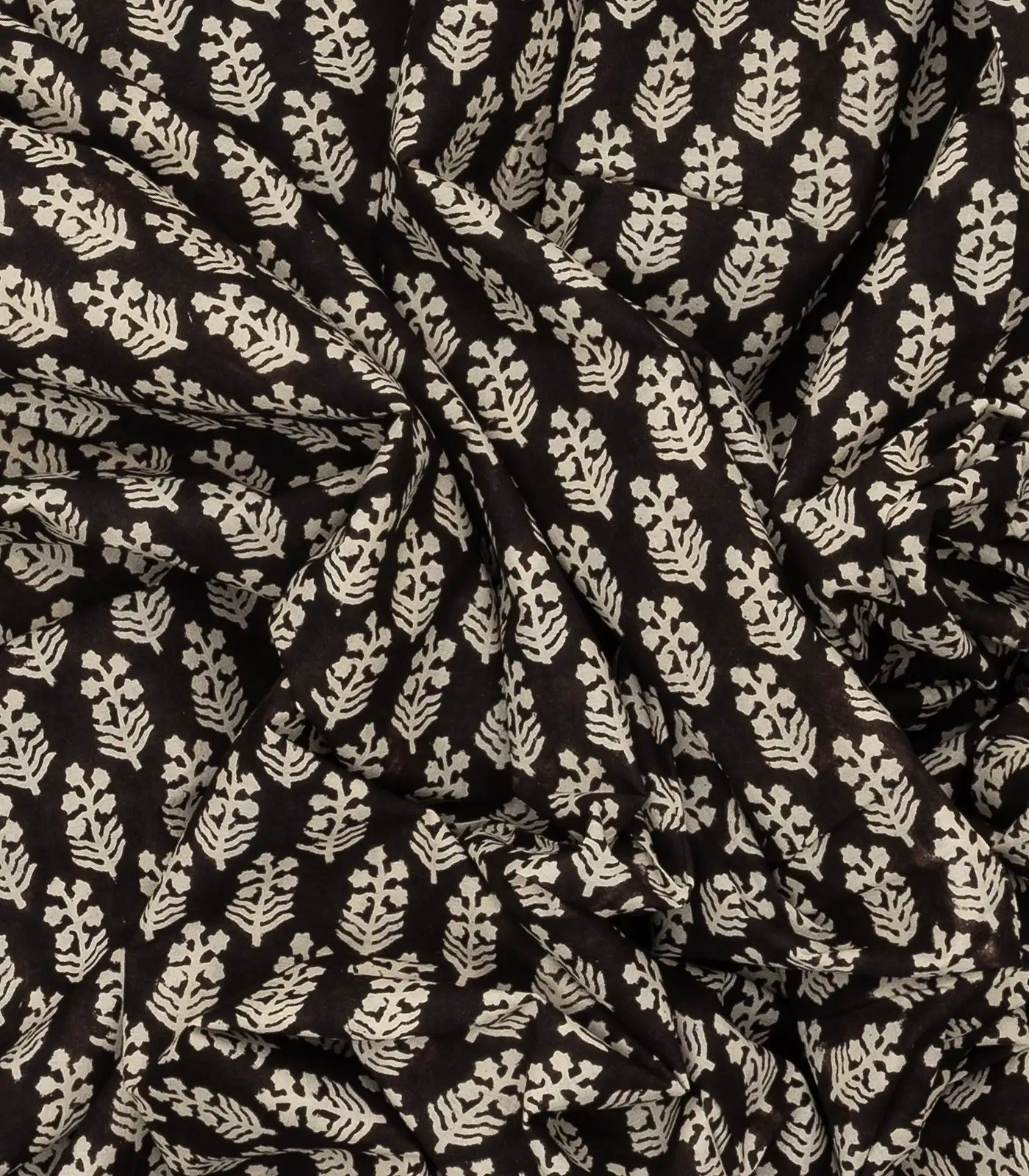 Black Woven Jaipur Cotton Saree Printed With Cream Floral Motifs