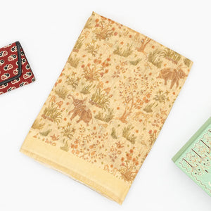 Light Yellow Handwoven Linen Saree Printed With Elephant Motifs