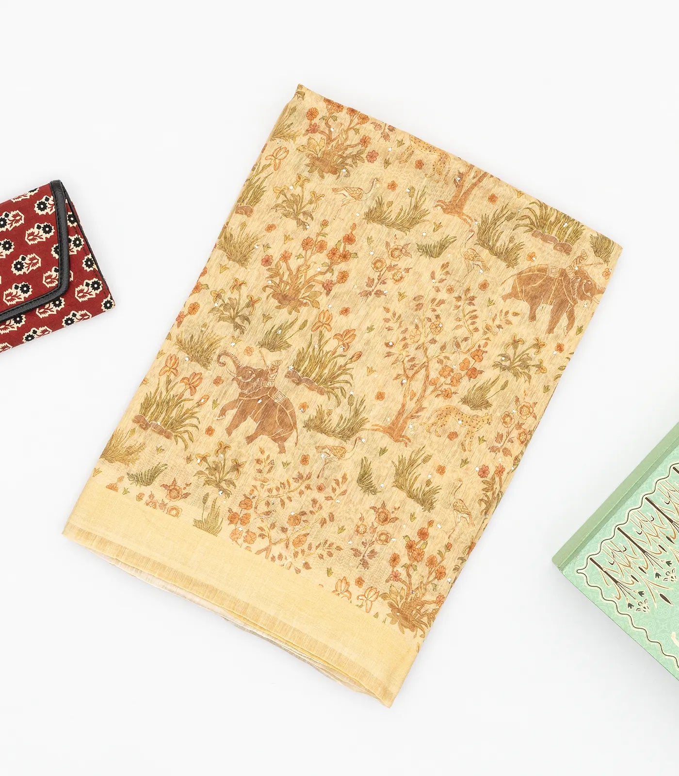 Light Yellow Handwoven Linen Saree Printed With Elephant Motifs