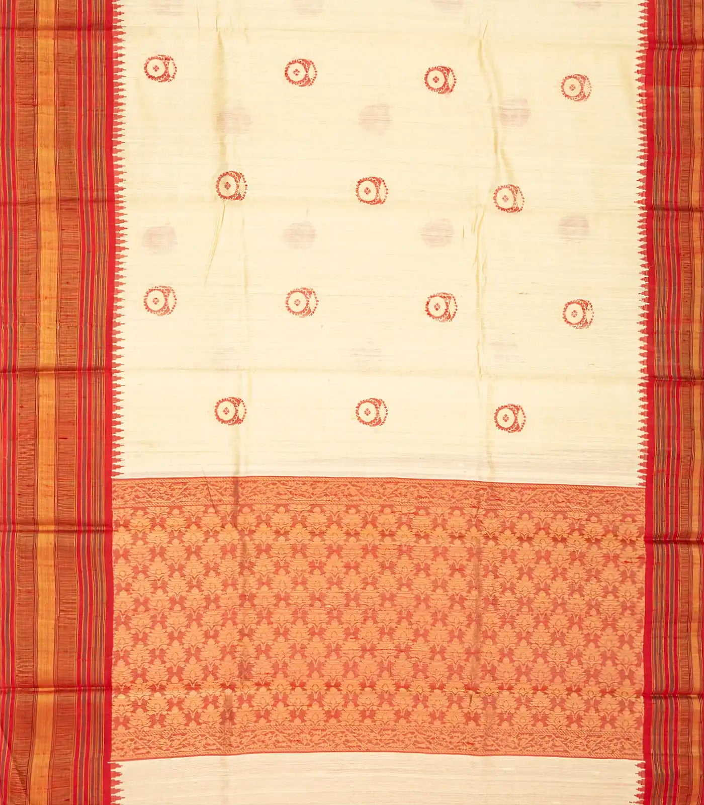 Cream Handwoven Tussar Silk Saree With Floral Motifs-Cream