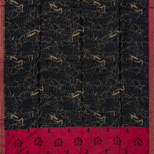 Black Handloom Tussar Silk Saree Printed With Birds Motifs