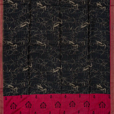 Black Handloom Tussar Silk Saree Printed With Birds Motifs