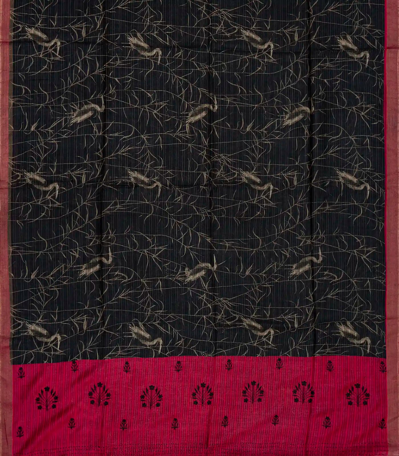 Black Handloom Tussar Silk Saree Printed With Birds Motifs