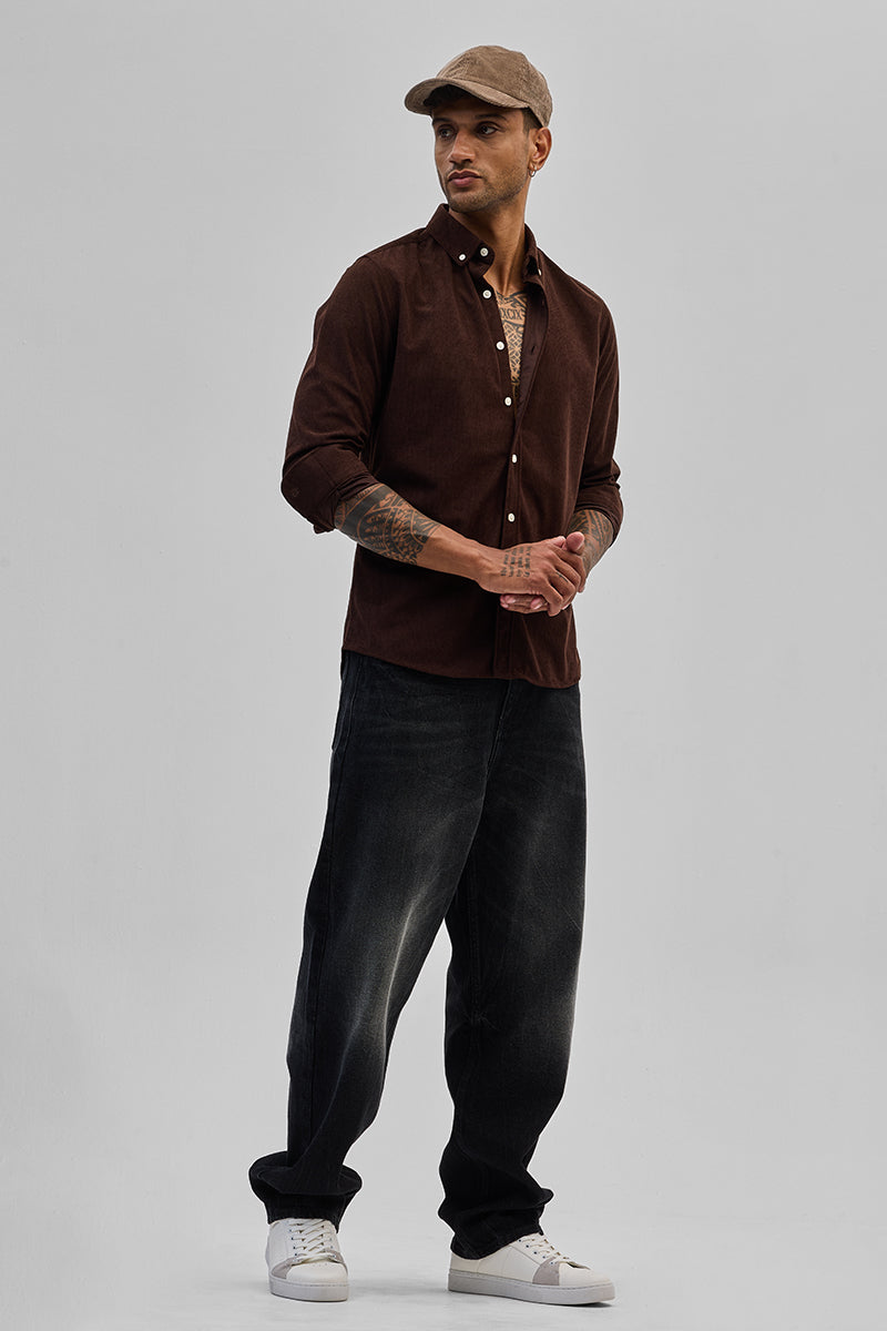 Dark Brown Slim Fit Corduroy Shirt