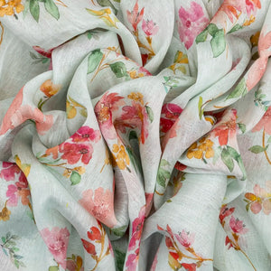 Turquoise Handloom Linen Saree With Printed Floral Motifs