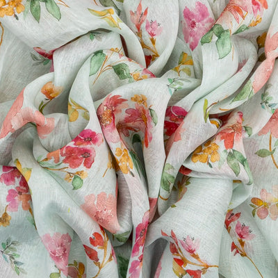 Turquoise Handloom Linen Saree With Printed Floral Motifs