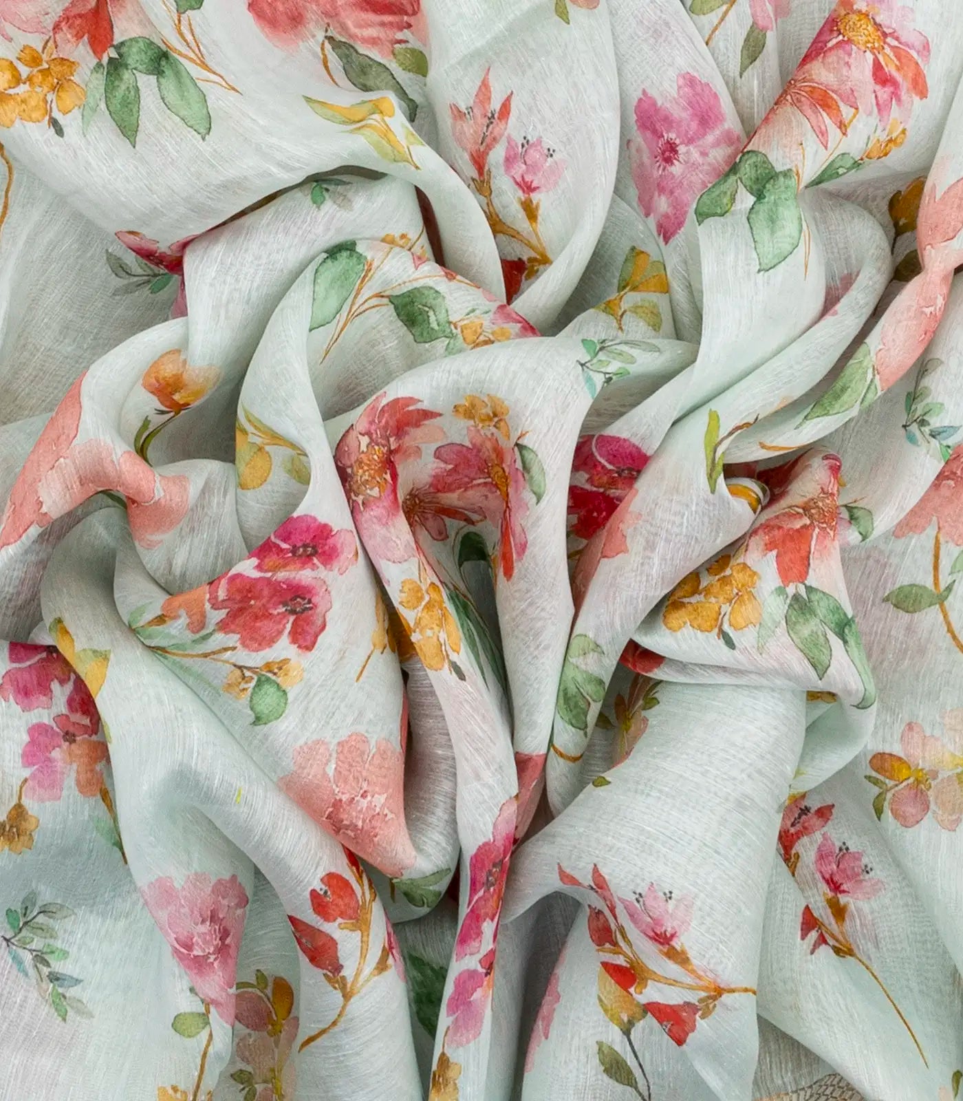 Turquoise Handloom Linen Saree With Printed Floral Motifs