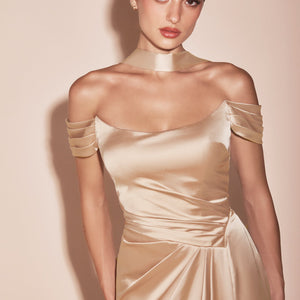 Satin Fitted Off Shoulder Slit Gown by Ladivine 7452 - Outlet
