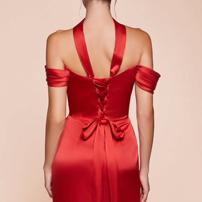 Satin Fitted Off Shoulder Slit Gown by Ladivine 7452 - Outlet