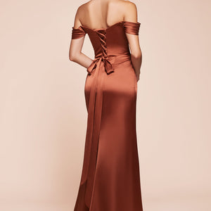 Satin Fitted Off Shoulder Slit Gown by Ladivine 7452 - Outlet