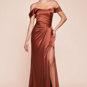 Satin Fitted Off Shoulder Slit Gown by Ladivine 7452 - Outlet