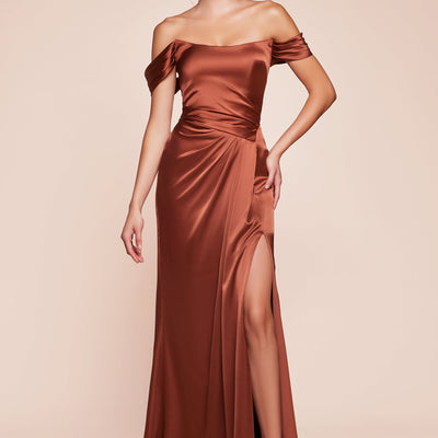 Satin Fitted Off Shoulder Slit Gown by Ladivine 7452 - Outlet