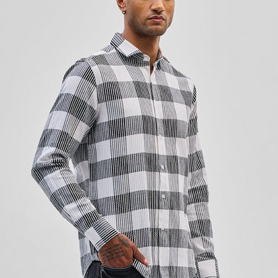 White Textured Checks Slim Fit Shirt