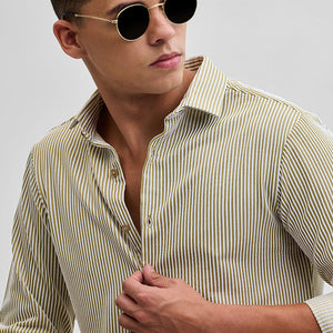 Beige Stripes Slim Fit Stretch Shirt