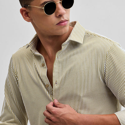 Beige Stripes Slim Fit Stretch Shirt