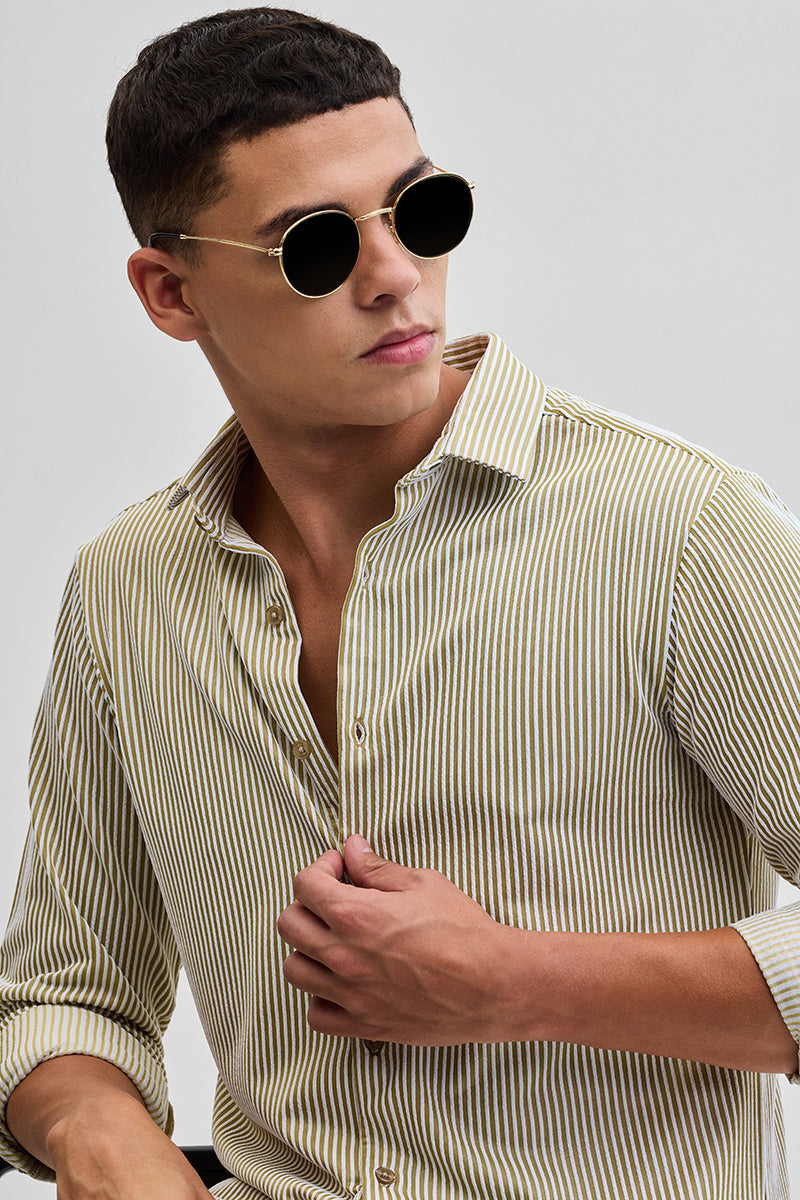 Beige Stripes Slim Fit Stretch Shirt