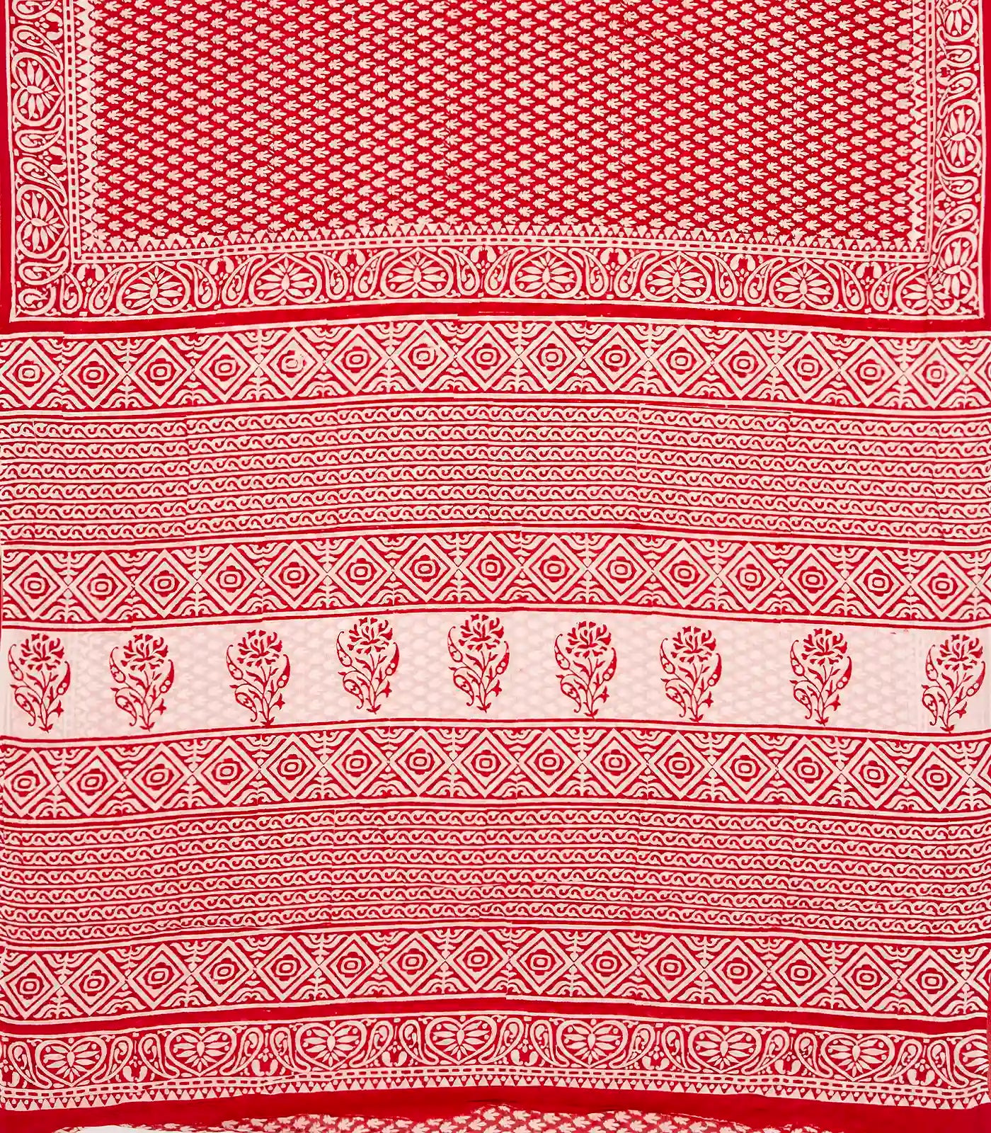 Red Woven Jaipur Cotton Saree Printed With Floral Motifs