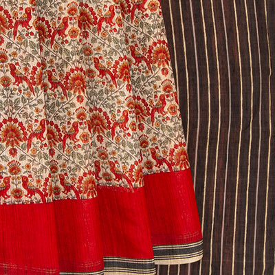 Beige Handwoven Printed Tussar Silk Saree With Bird Motifs and Contrast Red Border-Beige