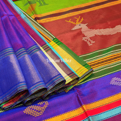 Blue with Multicolor Double Pallu Handwoven Soft Silk Saree