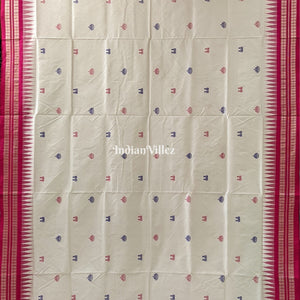 White Maroon Laxmi Pada & Mushroom Motif Sambalpuri Bomkai Silk Saree
